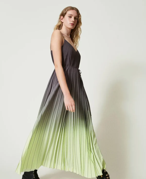 TWINSET Milano Elegante Kleider | Maxikleider^Bedrucktes Maxi-Plisseekleid Aus Georgette Zweifarbig „Blackened Pearl“-Grau / „Soft Lime“-Grün