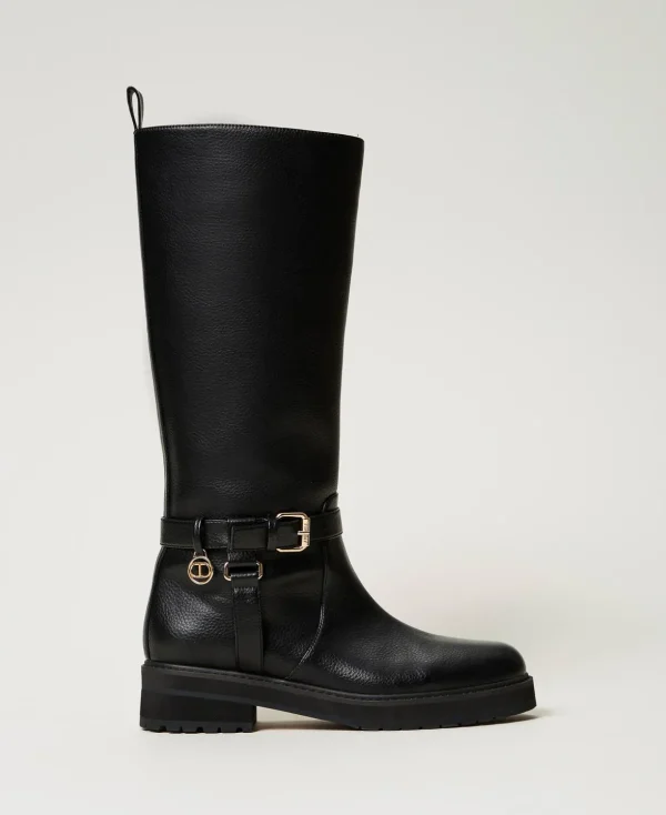TWINSET Milano Stiefel und Stiefeletten | Flache Schuhe^Bikerstiefel Aus Leder Mit Oval T Schwarz