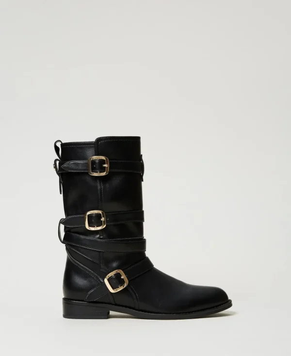 TWINSET Milano Stiefel und Stiefeletten | Flache Schuhe^Bikerstiefel Mit Riemen Schwarz