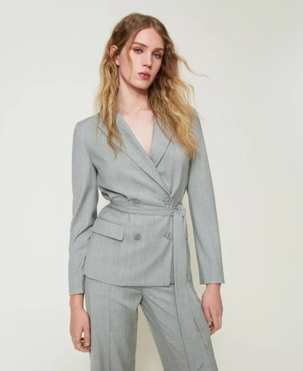 TWINSET Milano Jacken und Steppjacken | Blazer^Blazer Aus Wollmischung Mit Gürtel Durchschnittgrau-Mélange