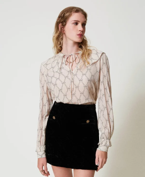TWINSET Milano Blusen und Hemden^Bluse Aus Krepon Mit Schleifenprint Flockenprint „White Cream“ / Schwarz