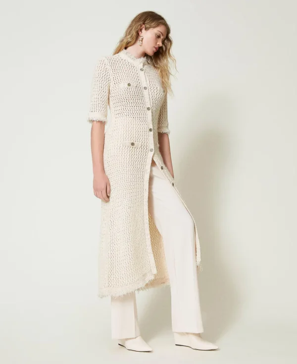 TWINSET Milano Hosenanzüge und Kostüme | Pullover und Cardigans^Cardigankleid Aus Jacquard-Strick In Netzoptik „Old White“