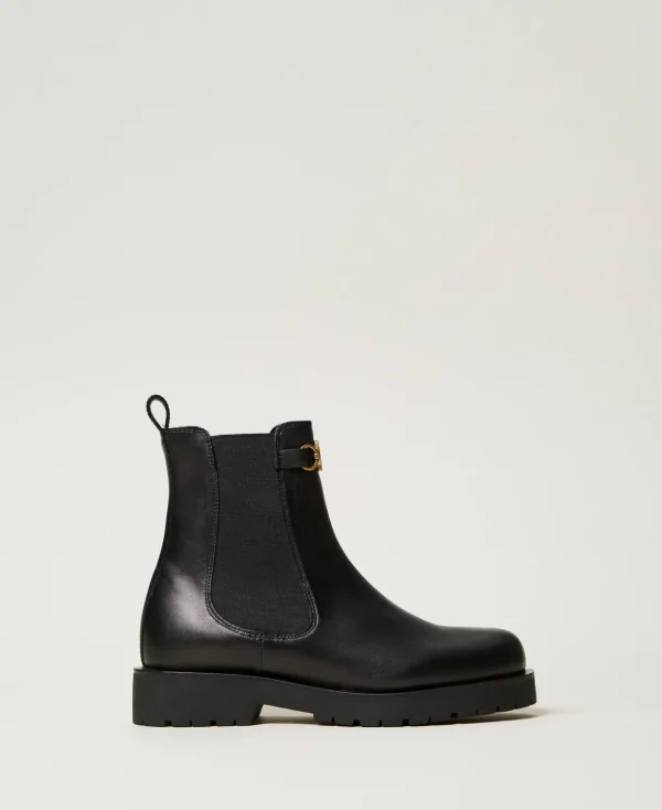 TWINSET Milano Stiefel und Stiefeletten | Flache Schuhe^Chelsea-Boot Aus Leder Mit Oval T Schwarz