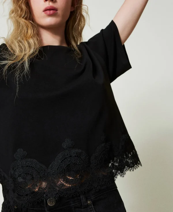 TWINSET Milano T-Shirts und Tops^Cropped T-Shirt Mit Makrameespitze Schwarz