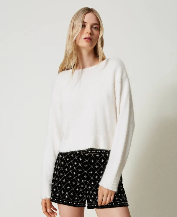 TWINSET Milano Hosenanzüge und Kostüme | Pullover und Cardigans^Cropped-Pullover Aus Angoramischung Mit Perlen Weiß Schnee