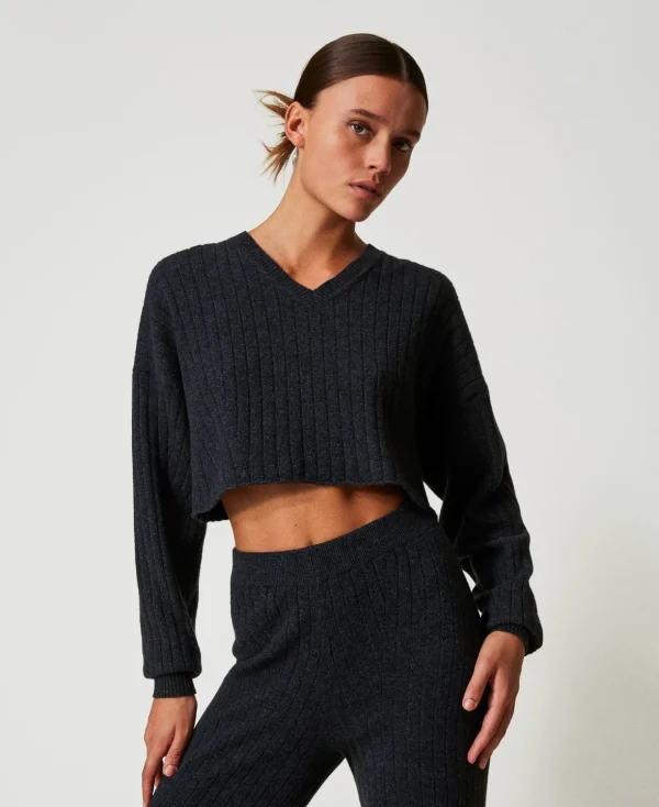 TWINSET Milano Hosenanzüge und Kostüme | Pullover und Cardigans^Cropped-Pullover Aus Wollmischung Anthrazitgrau-Melange