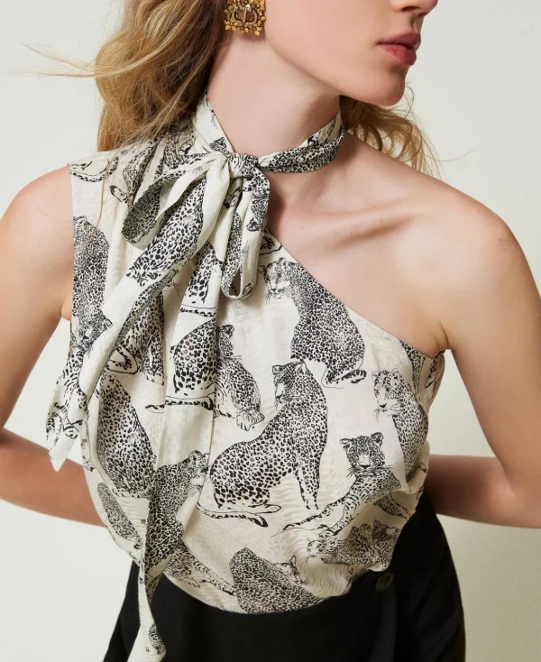 TWINSET Milano T-Shirts und Tops^Einschultriges Jacquard-Top Mit Jaguarprint Jaguarprint Schwarz / Schneeweiß