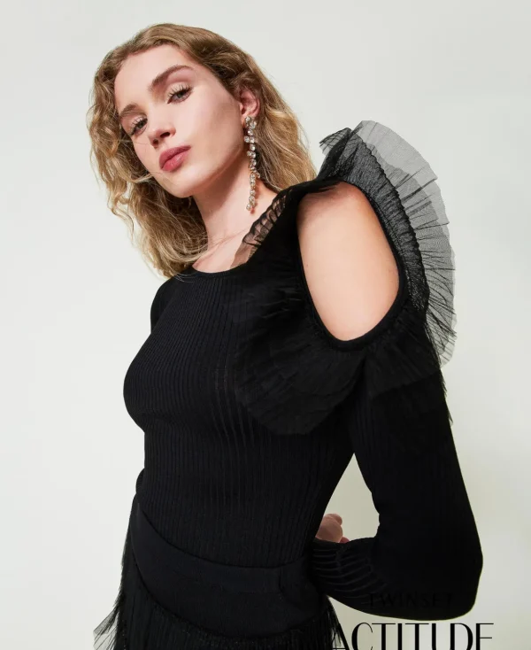 TWINSET Milano Hosenanzüge und Kostüme | Pullover und Cardigans^Figurbetonter Pullover Mit Cut-out Und Tüll Schwarz