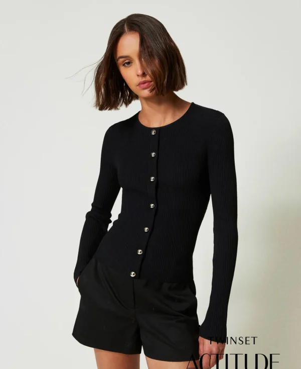 TWINSET Milano Hosenanzüge und Kostüme | Pullover und Cardigans^Gerippter Cardigan Mit Nieten Schwarz