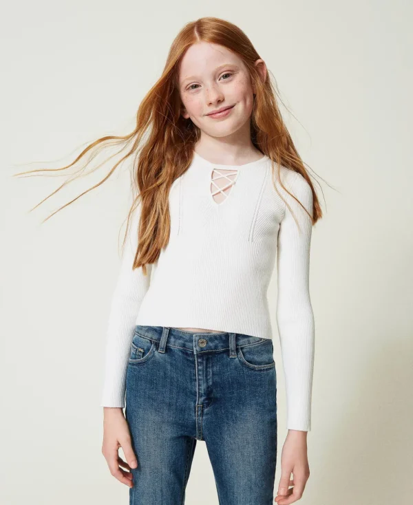 TWINSET Milano Pullover und Cardigans^Gerippter Pullover Mit überkreuztem Motiv Mattweiß