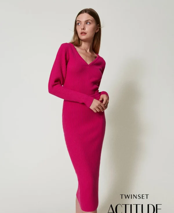 TWINSET Milano Röcke | Hosenanzüge und Kostüme^Geripptes Strickkleid In Midilänge Super Pink