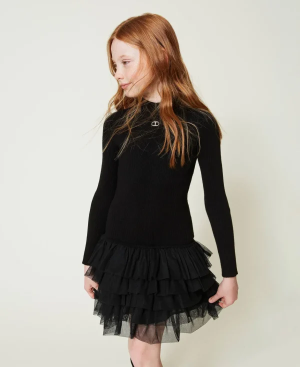 TWINSET Milano Kleider^Geripptes Strickkleid Mit Tüll Schwarz