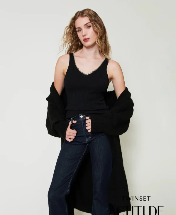 TWINSET Milano Hosenanzüge und Kostüme | T-Shirts und Tops^Geripptes Stricktop Mit Perlchen Schwarz