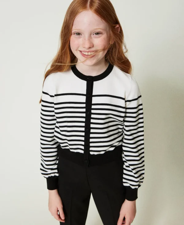 TWINSET Milano Pullover und Cardigans^Gestreifter Cardigan Mit Jacquardlogo Zweifarbig Off White / Schwarz