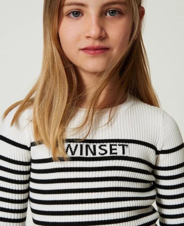 TWINSET Milano Pullover und Cardigans^Gestreifter Rundhalspullover Mit Jacquardlogo Zweifarbig Off White / Schwarz