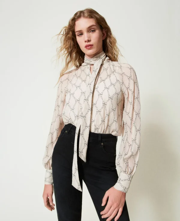 TWINSET Milano Blusen und Hemden^Hemd Aus Krepon Mit Schleifenprint Flockenprint „White Cream“ / Schwarz