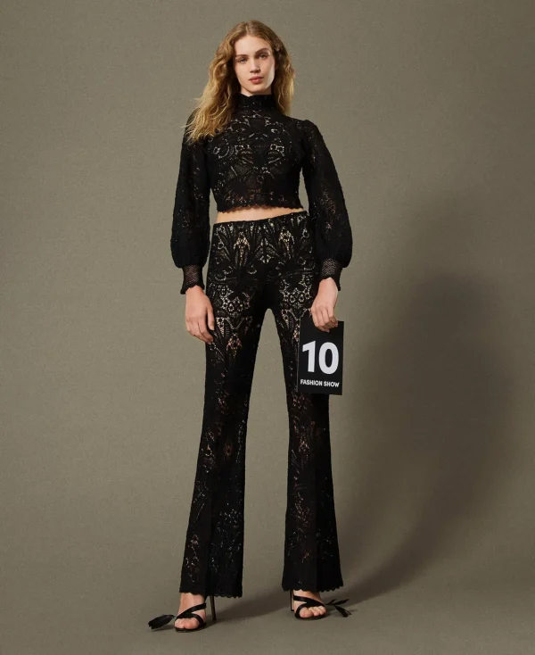 TWINSET Milano Gerade Hosen und Zigarettenhosen | Elegante Hosen^Häkelhose Mit Blumendessin Schwarz