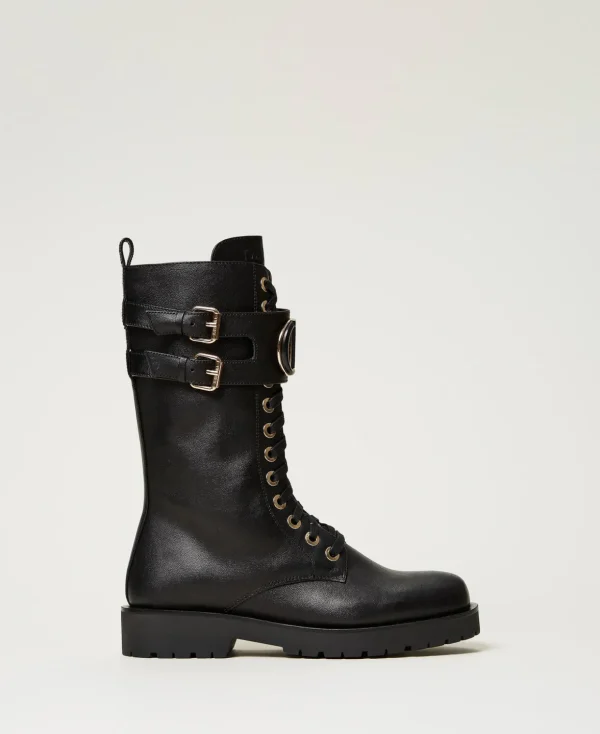 TWINSET Milano Stiefel und Stiefeletten | Combat-Boots^Hohe Schnürstiefelette Aus Leder Mit Oval T Schwarz