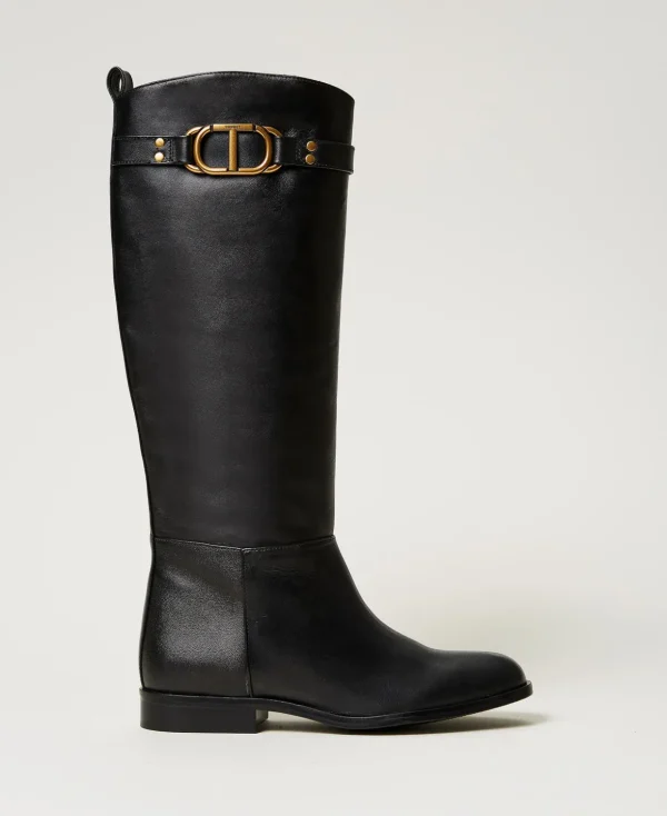 TWINSET Milano Stiefel und Stiefeletten | Flache Schuhe^Hoher Stiefel Aus Leder Mit Oval T Schwarz