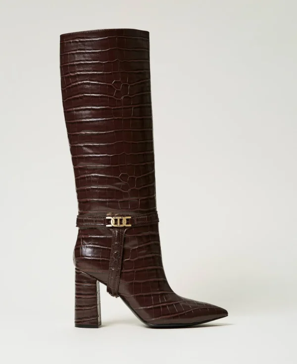 TWINSET Milano Stiefel und Stiefeletten | High Heels^Hoher Stiefel Mit Krokoprägung Kaffeeschokolade