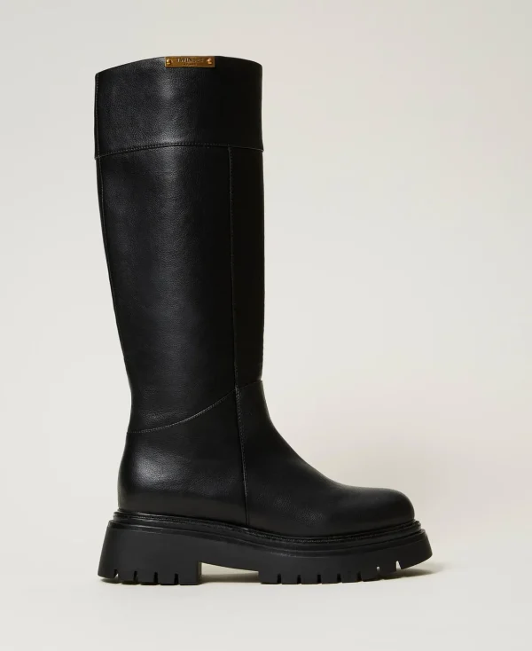 TWINSET Milano Stiefel und Stiefeletten | Flache Schuhe^Hoher Stiefel Mit Logoplakette Schwarz