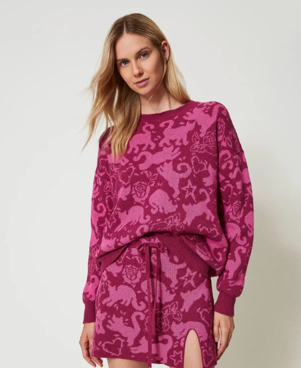 TWINSET Milano Hosenanzüge und Kostüme | Pullover und Cardigans^Jacquardpullover Aus Treeblend-Garn Jacquard Cats Raspberry Radiance / Cone Flower