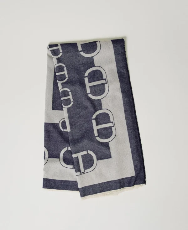 TWINSET Milano Schals^Jacquardtuch Mit Logos Zweifarbig „White Cream“ / Klassisches Blau
