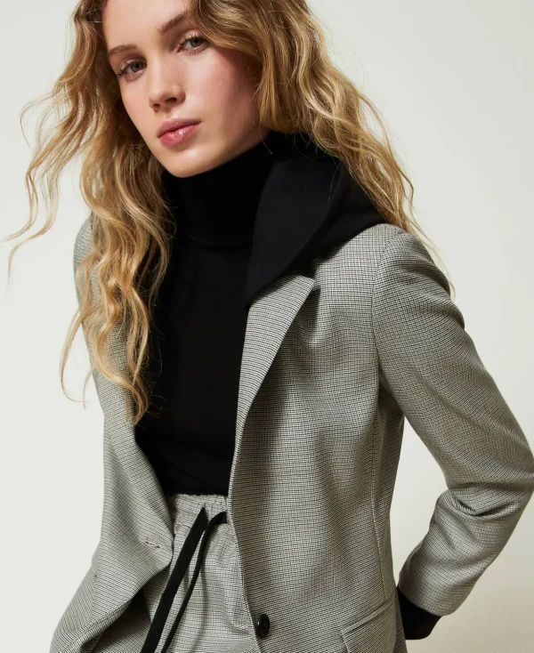 TWINSET Milano Blazer | Hosenanzüge und Kostüme^Kapuzenblazer Mit Hahnentrittmuster Mikro-Hahnentrittmuster Schwarz / Schneeweiß