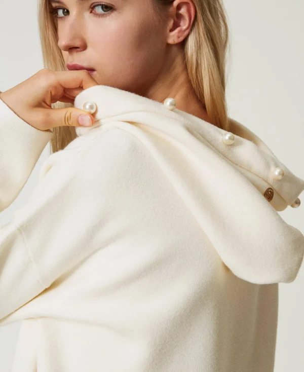 TWINSET Milano Hosenanzüge und Kostüme | Sweatshirts und -jacken^Kapuzenpullover Mit Perlen Weiß Antique White