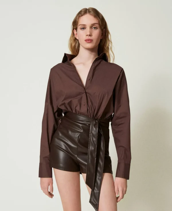 TWINSET Milano Jumpsuits | Kurze Kleider^Kurzer Jumpsuit Aus Popeline Und Beschichtetem Gewebe Schokolade