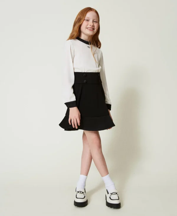 TWINSET Milano Kleider^Kurzes Kleid Aus Crêpe De Chine Und Flanell Zweifarbig Off White / Schwarz