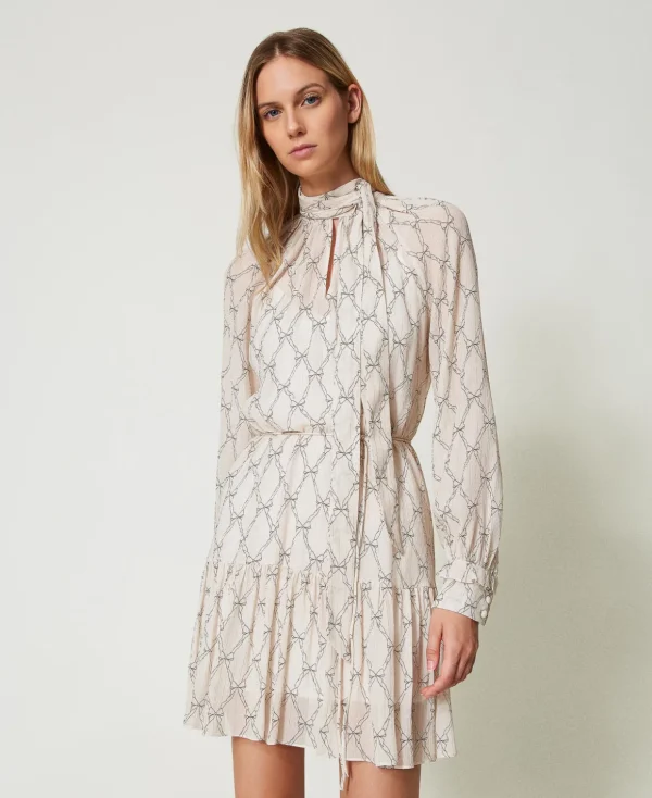 TWINSET Milano Kurze Kleider | Festliche Kleider^Kurzes Kleid Aus Krepon Mit Schleifenprint Flockenprint „White Cream“ / Schwarz