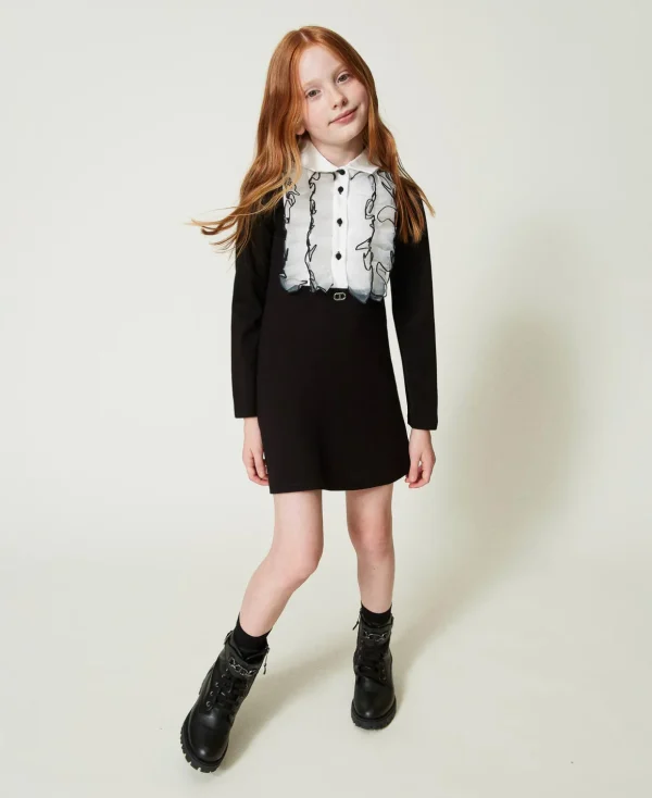 TWINSET Milano Kleider^Kurzes Kleid Mit Organzavolant Zweifarbig Schwarz / Off White