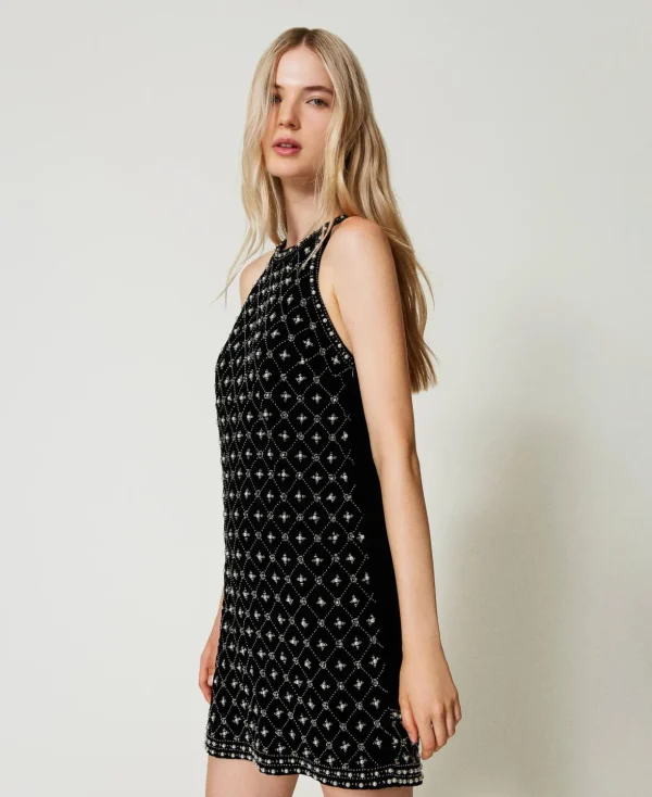 TWINSET Milano Elegante Kleider | Kurze Kleider^Kurzes Neckholderkleid Aus Besticktem Samt Schwarz