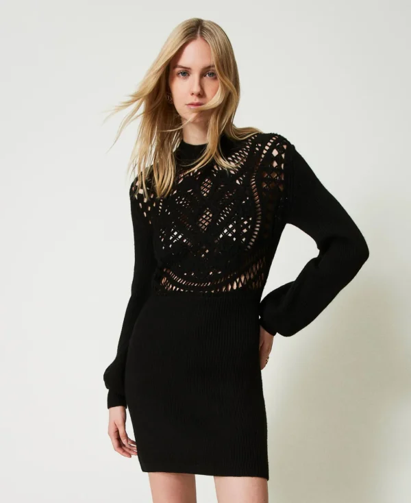 TWINSET Milano Elegante Kleider | Strickkleider^Kurzes Strickkleid Aus Wollmischung Mit Häkelarbeit Schwarz