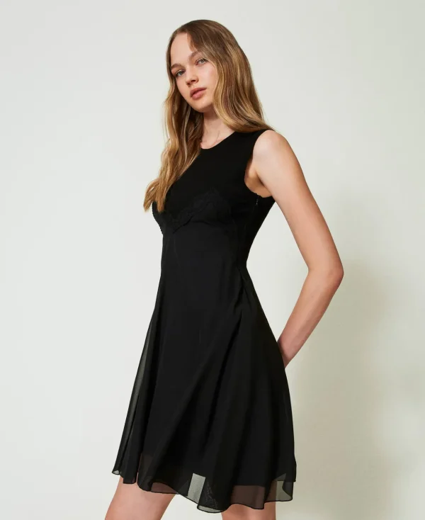 TWINSET Milano Elegante Kleider | Strickkleider^Kurzes Strickkleid Mit Georgette Schwarz