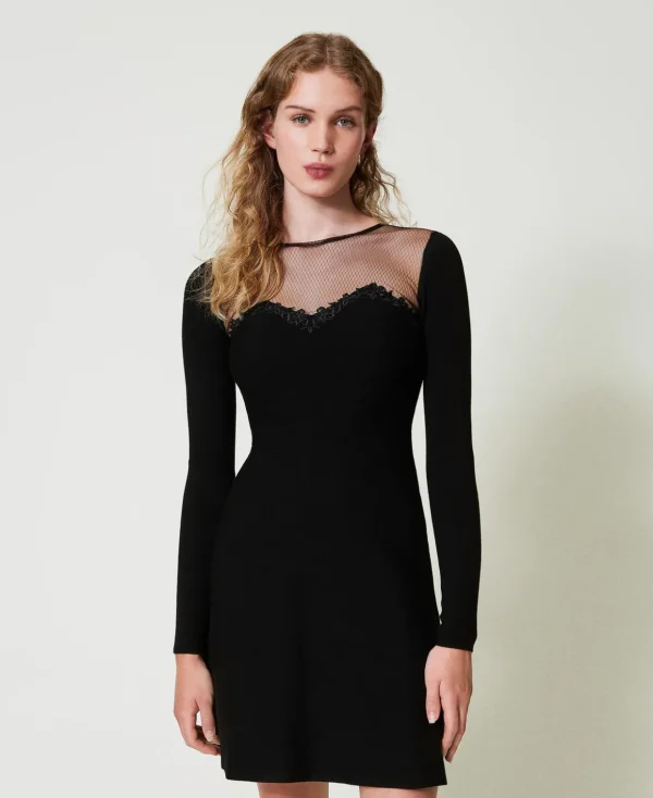TWINSET Milano Elegante Kleider | Strickkleider^Kurzes Strickkleid Mit Tüll Und Stickerei Schwarz