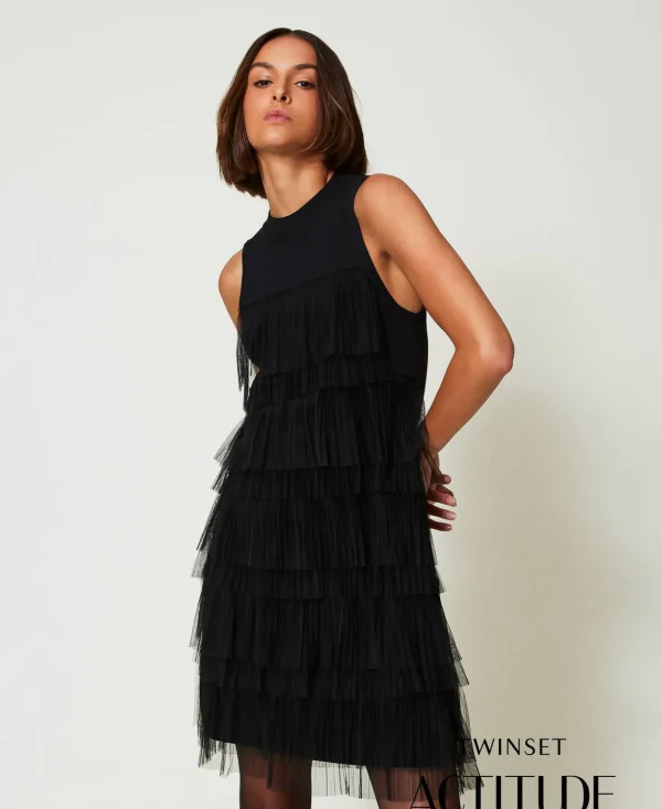TWINSET Milano Elegante Kleider | Strickkleider^Kurzes Strickkleid Mit Tüllvolants Schwarz