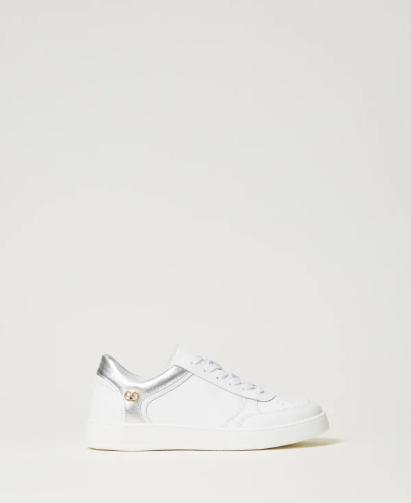 TWINSET Milano Flache Schuhe | Sneakers^Ledersneaker Mit Metallic-Einsätzen Zweifarbig Optisches Weiß / Silber