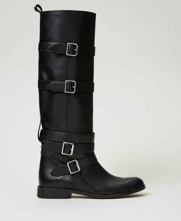 TWINSET Milano Stiefel und Stiefeletten | Flache Schuhe^Lederstiefel Mit Riemen Schwarz