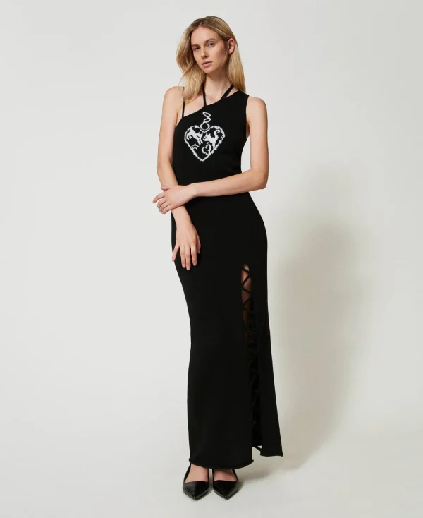 TWINSET Milano Elegante Kleider | Strickkleider^Maxi-Jacquardkleid Aus Treeblend-Garn Intarsie Schwarz / Schneeweiß