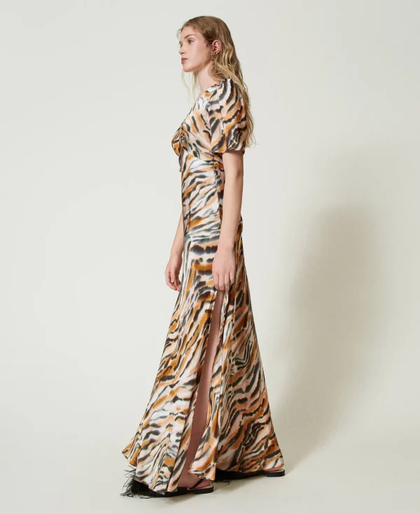 TWINSET Milano Elegante Kleider | Maxikleider^Maxikleid Aus Satin Mit Animaldessin Print Tiger „Tenné“-Orange / Schwarz