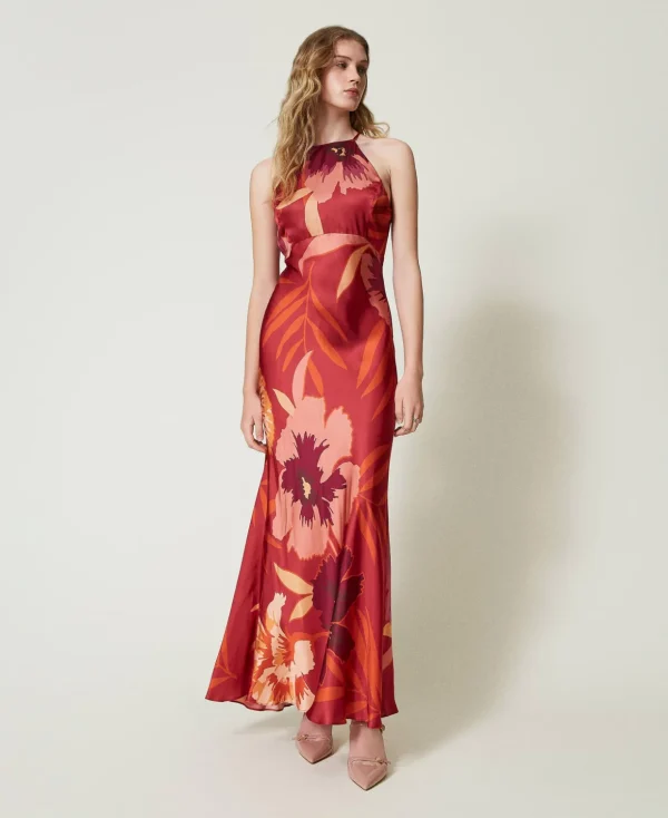 TWINSET Milano Elegante Kleider | Maxikleider^Maxikleid Aus Satin Mit Blumendessin Und Amerikanischer Schulter Makroblumen Rot / Pflaumenrot