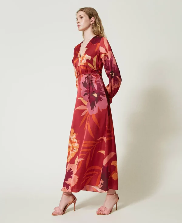 TWINSET Milano Elegante Kleider | Maxikleider^Maxikleid Aus Satin Mit Blumendessin Makroblumen Rot / Pflaumenrot