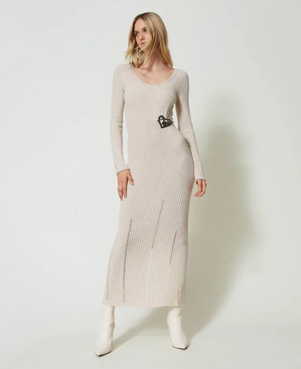 TWINSET Milano Elegante Kleider | Strickkleider^Maxikleid Aus Treeblend-Garn Mit Brosche Cappuccino