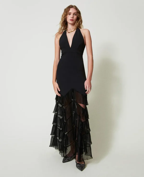 TWINSET Milano Elegante Kleider | Festliche Kleider^Maxi-Neckholderkleid Mit Plissierten Tüllvolants Schwarz