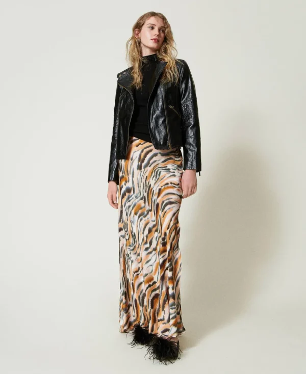 TWINSET Milano Röcke | Hosenanzüge und Kostüme^Maxirock Aus Satin Mit Animaldessin Print Tiger „Tenné“-Orange / Schwarz