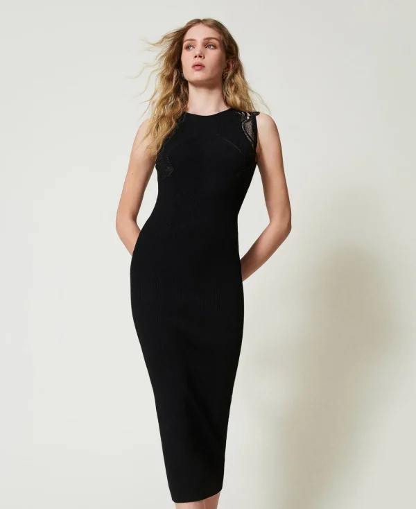 TWINSET Milano Elegante Kleider | Strickkleider^Maxistrickkleid Mit Spitze Schwarz