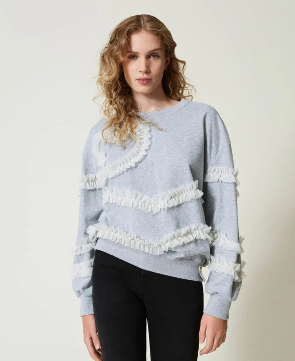 TWINSET Milano Sweatshirts und -jacken^Meliertes Sweatshirt Mit Tüllvolants Zweifarbig Mittelgrau-Melange / Perlmutt