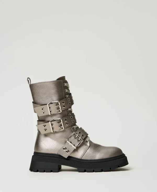 TWINSET Milano Stiefel und Stiefeletten | Combat-Boots^Metallic-Schnürstiefelette Mit Riemen Zinnhaselnussbraun
